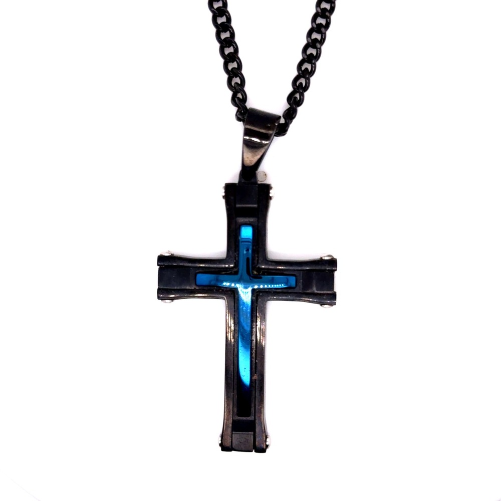 Black Stainless Steel Blue Inlay Cross Pendant Necklace Curb Chain Jewelry
